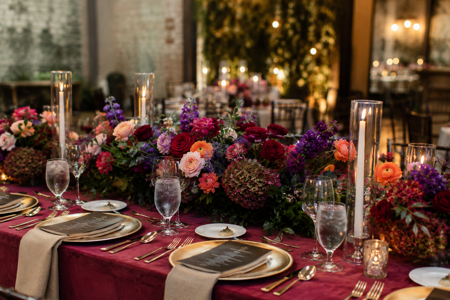 Florals and place setting on a dinner table