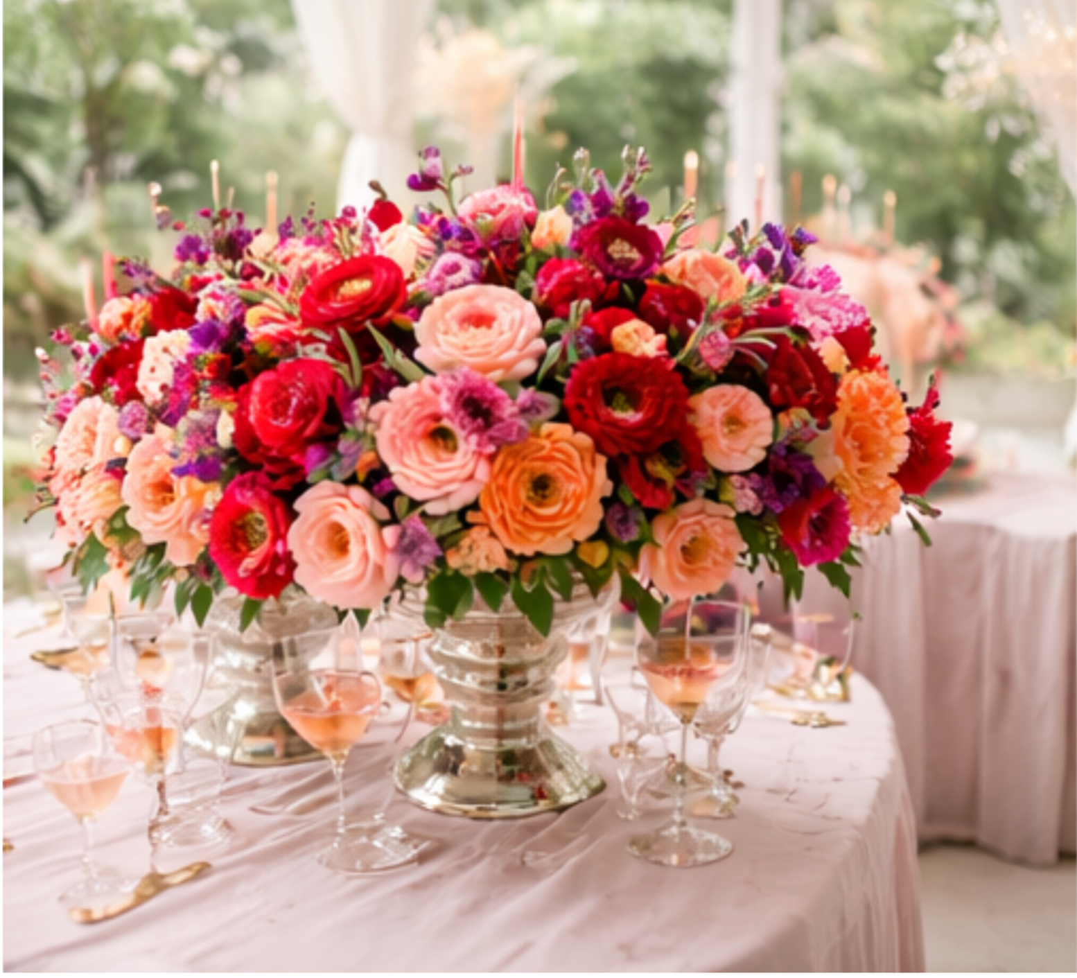 A large arrangement of pink, red, orange, and purple flowers on a table set for a celebration, with smaller glasses of wine surrounding the bouquet.