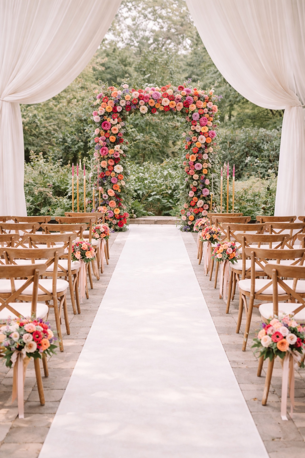 Outdoor wedding ceremony setup with a white aisle runner, wooden chairs decorated with floral arrangements, and a large floral arch serving as the altar, surrounded by greenery.