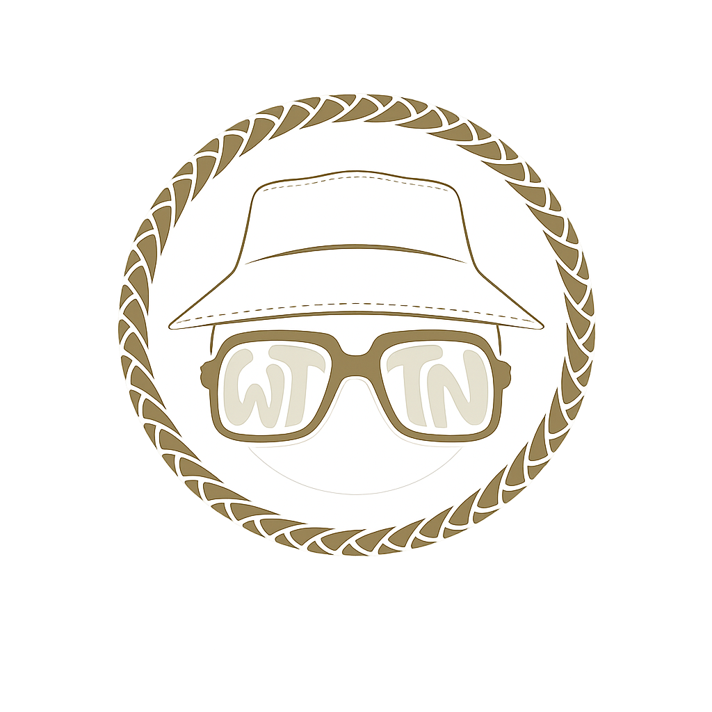 A circular logo featuring a smiling face wearing a bucket hat, sunglasses with the letters 'W' and 'N' reflected in the lenses, and a decorative braided border in tan and white.