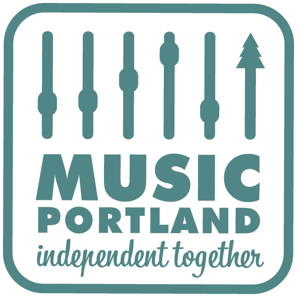 A logo for Music Portland featuring a stylized equalizer with sliders, the words "Music Portland," and the tagline "independent together".