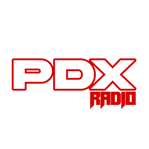 Logo for PDX Radio with bold red and white text on a black background.
