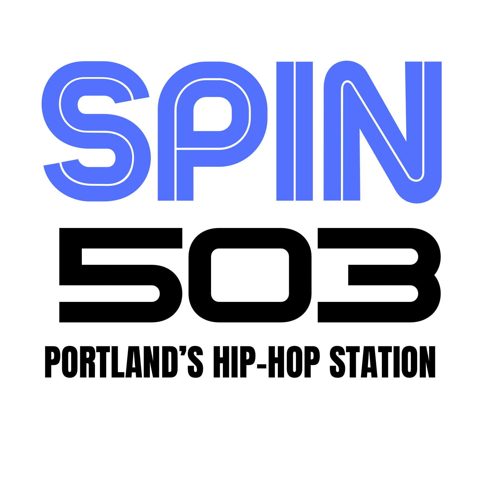 Logo for Spin 503, Portland's hip-hop station, with the word 'SPIN' in blue outlined letters, '503' in bold black numbers, and station tagline in black text.