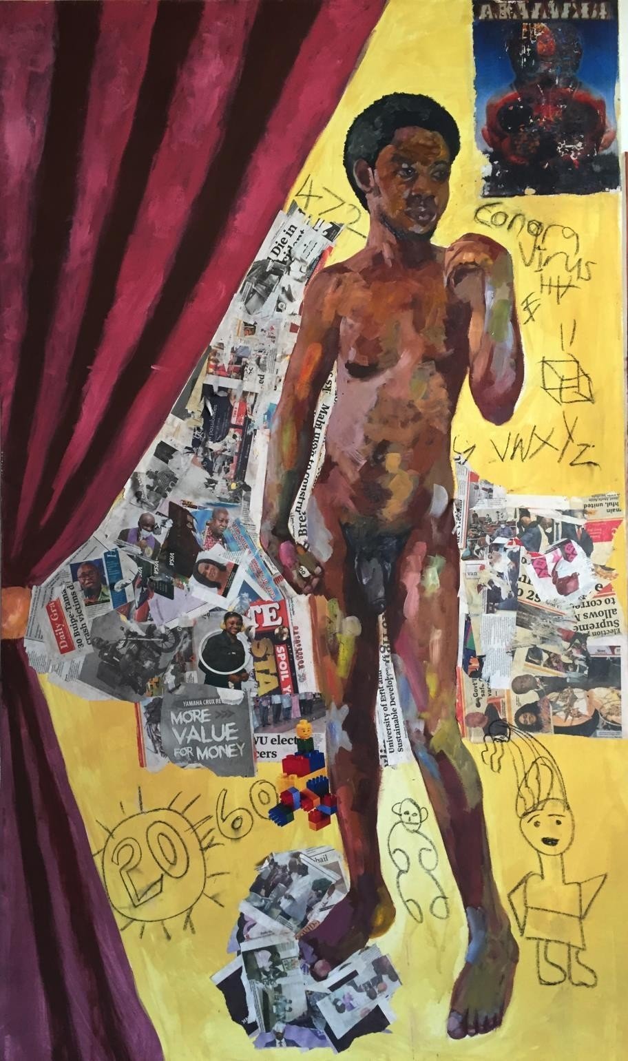 Men with six packs are like dogs 1, 2022.
Oil, acrylic and image transfer on canvas.
72 x 36 inches.