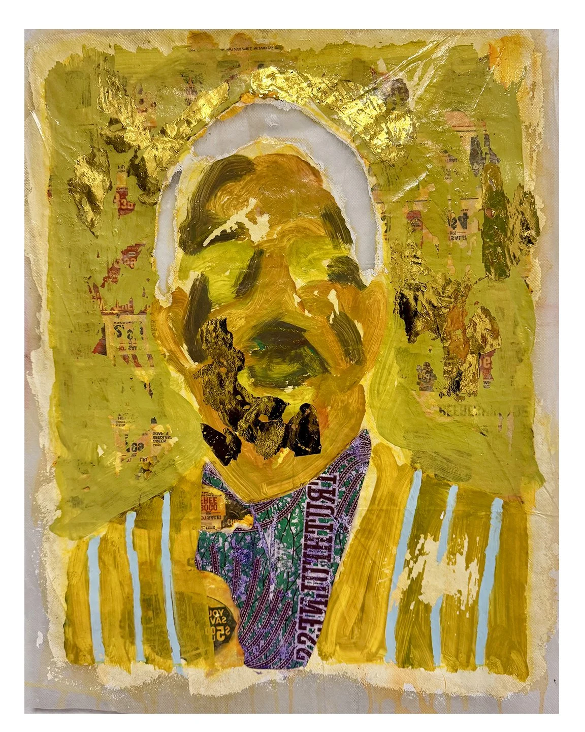 Yellow Man. 2025.
Acrylic, oil pastel and heat transfer on frost sheet.
16 x 20 inches.