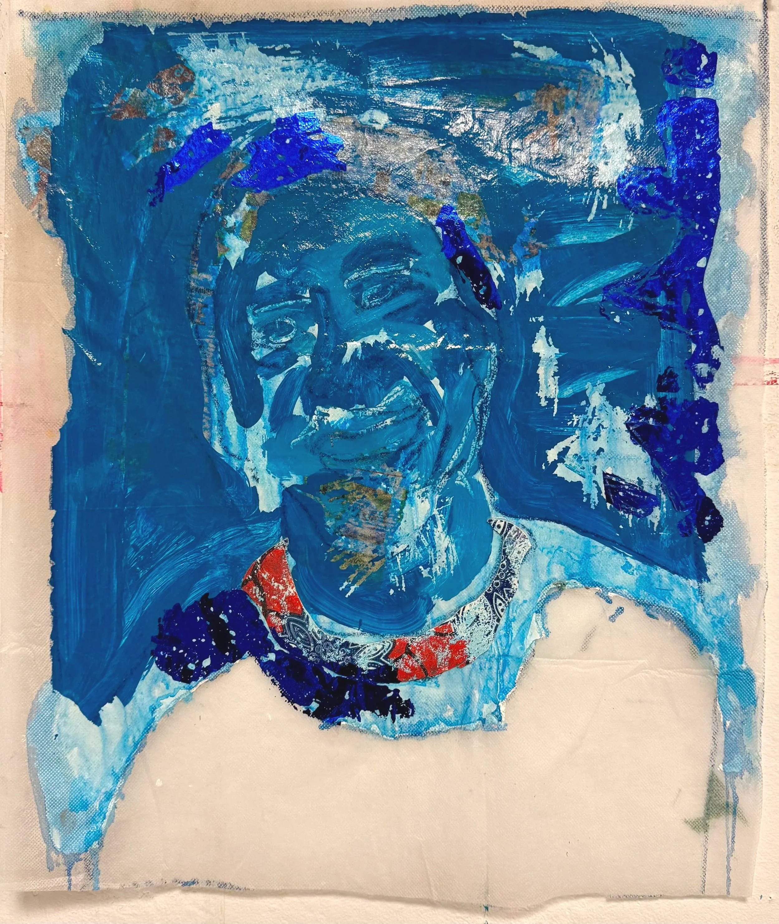 Blue Boy, 2025.
Acrylic, Image transfer and heat transfer on frost fabric.
16 x 20 inches.