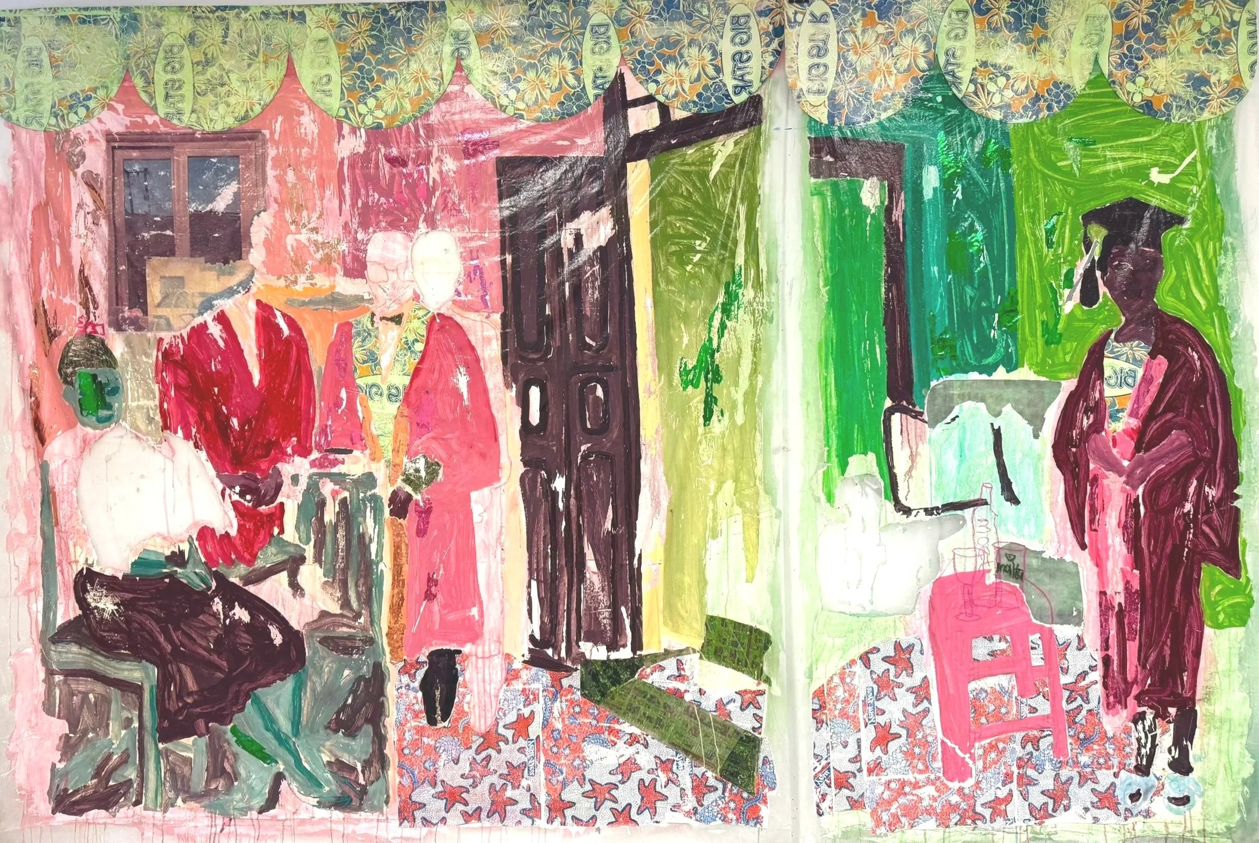 House of professionals. 2025.
Acrylic, Image transfer and heat transfer on frost fabric.
86 x 81  inches.