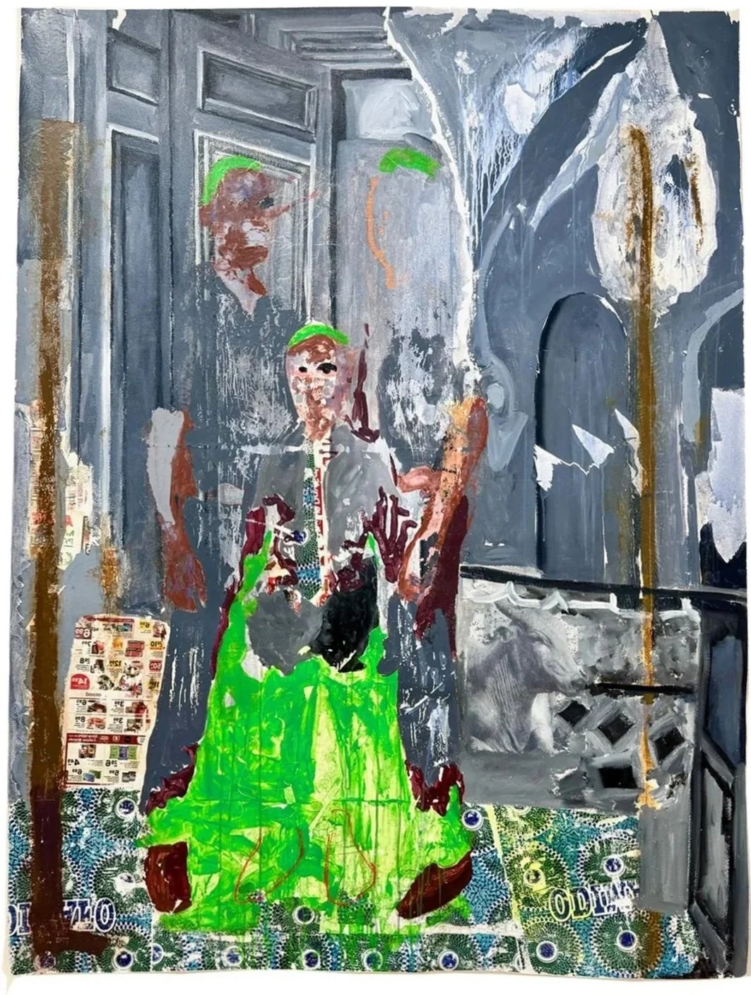 Smiling through it, 2024.
Acrylic, image transfer and heat transfer on canvas.
42x57.10 inches.