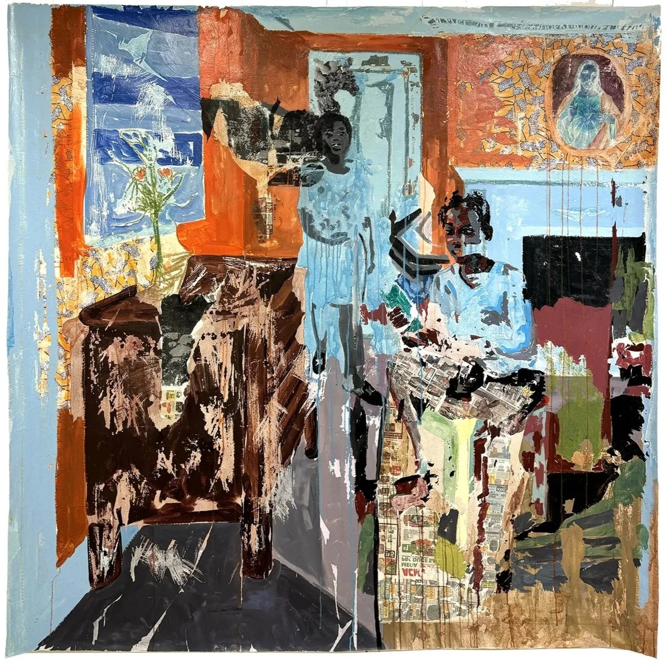 Whenever they see us. 2024.
Acrylic, image transfer and heat transfer on canvas.
70x69.15 inches.