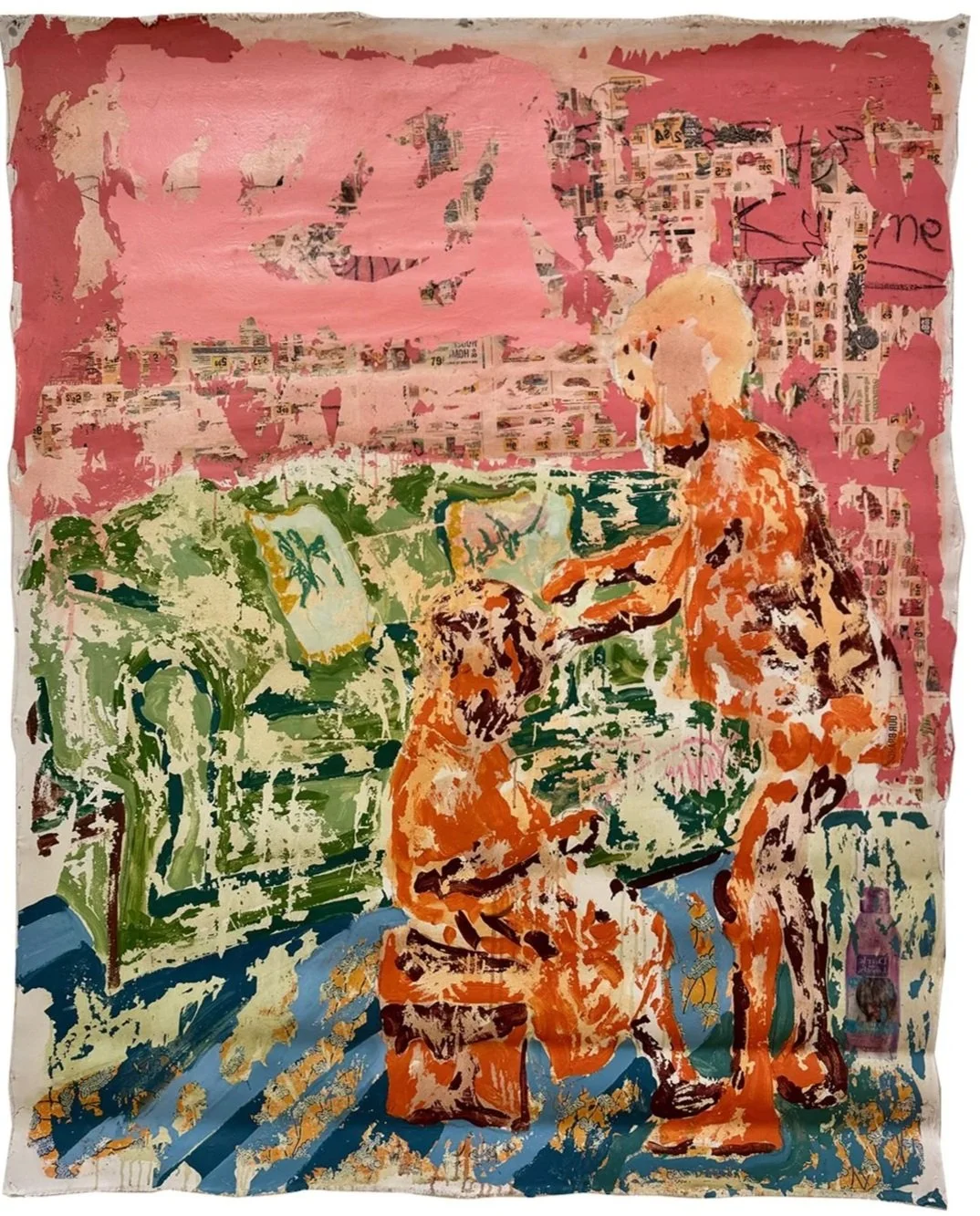 Hair braiding, 2024.
Acrylic, image transfer and heat transfer on canvas.
57 x 71 inches.