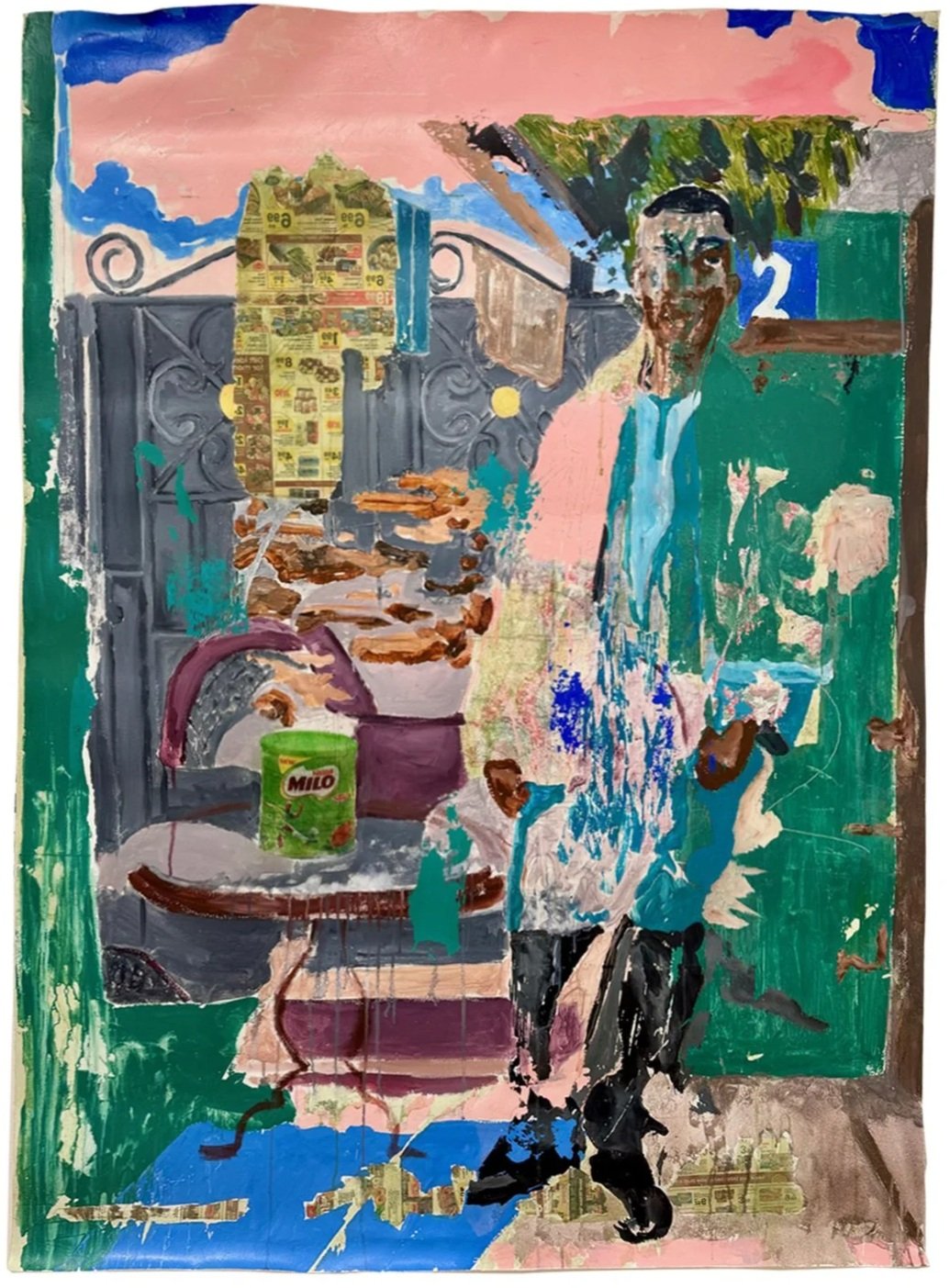 House number 2 and Milo, 2024.
Acrylic, image transfer and heat transfer on canvas.
66.9 x 48.10 inches.