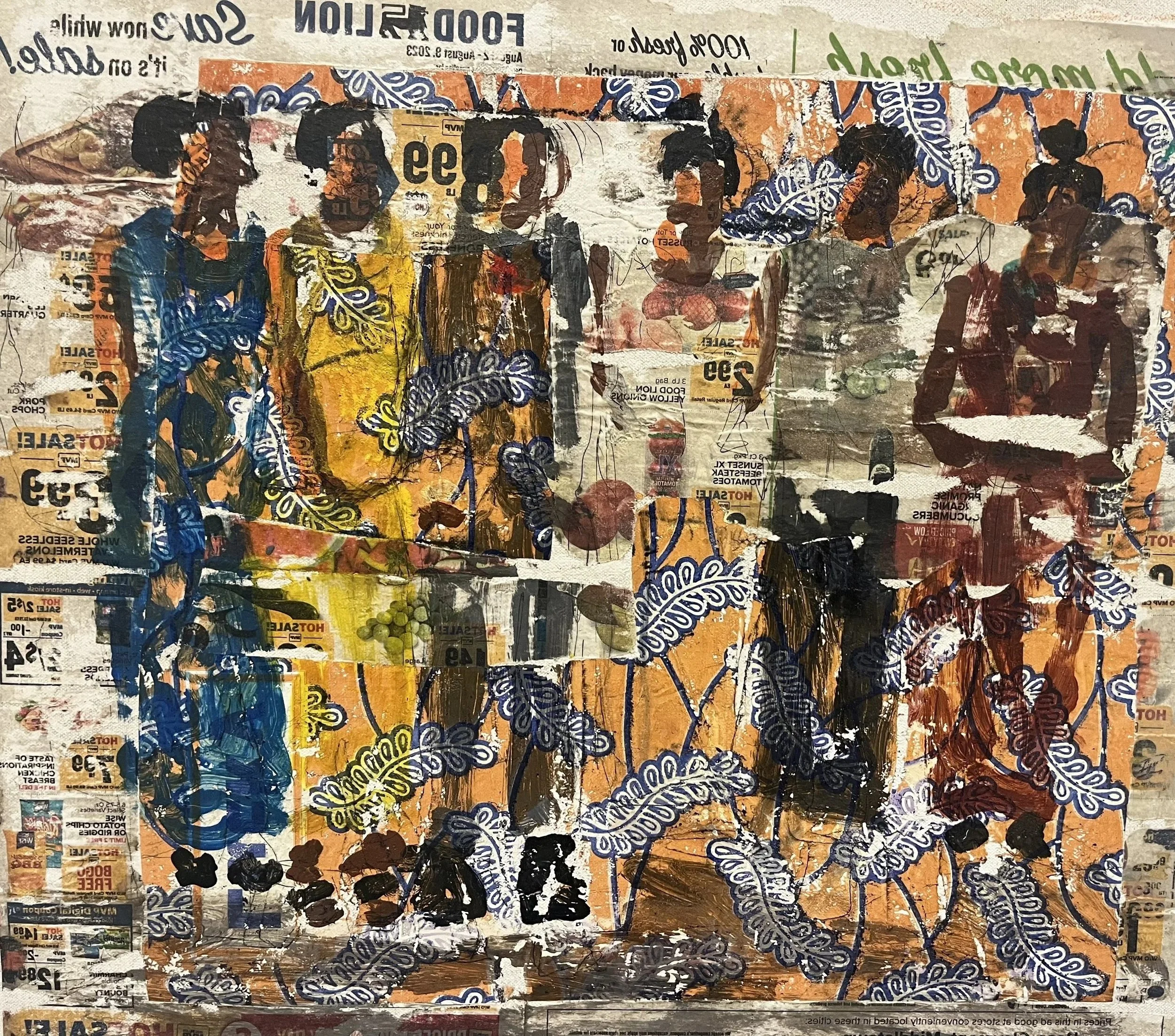 Family of six, 2024.
Acrylic, image and heat transfer on canvas.
54 x 47 inches.