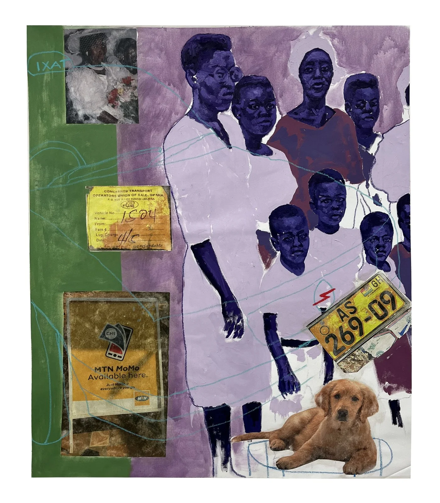 Family gathering, 2023.
Oil, acrylic and image transfer on canvas.
60 x 72 inches.