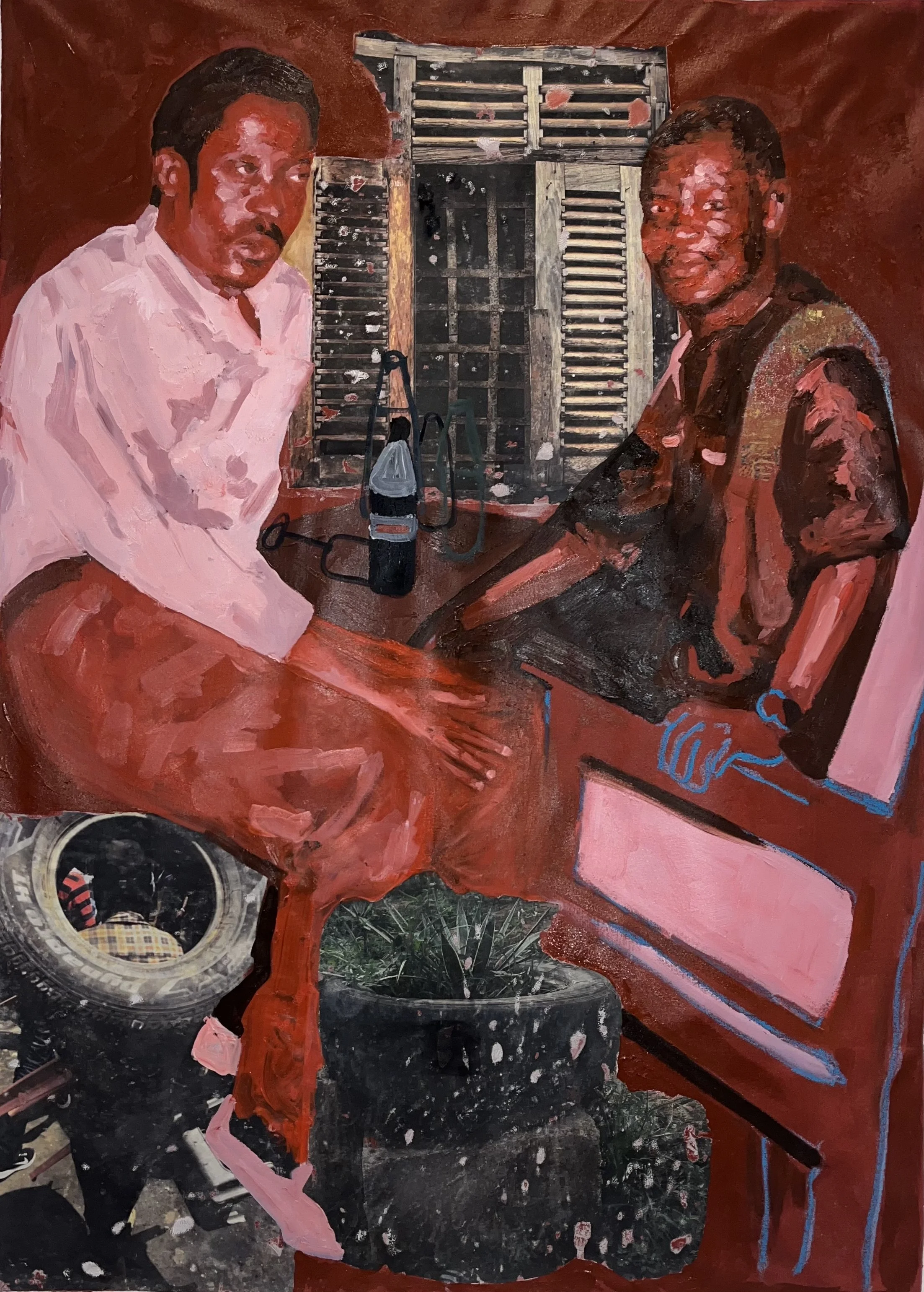 Drinking and having thoughts, 2023.
Oils, acrylic and image transfer on canvas
60 x 48 inches