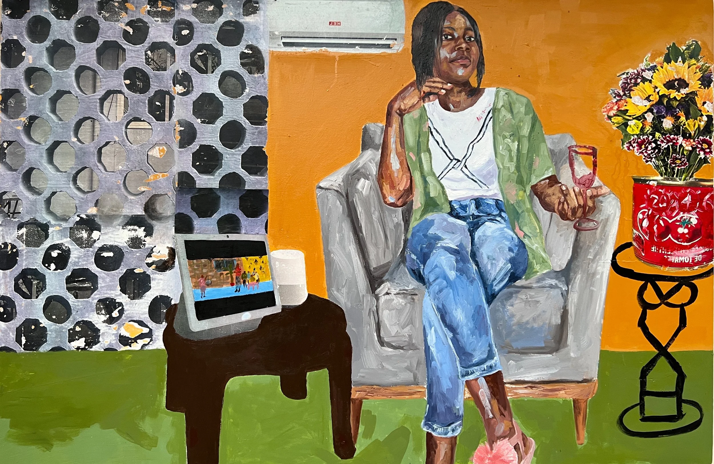 Drone cloud lovers 1, 2022.
Oils, acrylic and image transfer on canvas.
70.87 x 31.50 inches.