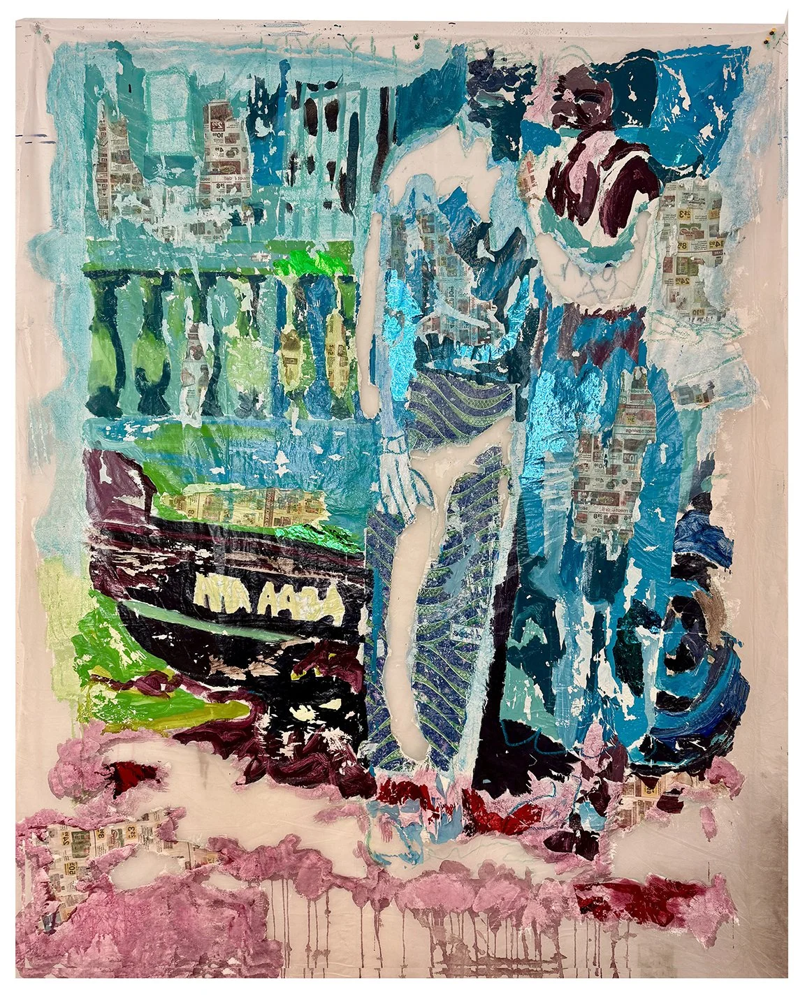 Obiaa (I love you more than anyone), 2025.
Acrylic, Image transfer and heat transfer on frost fabric.
57x72 inches.