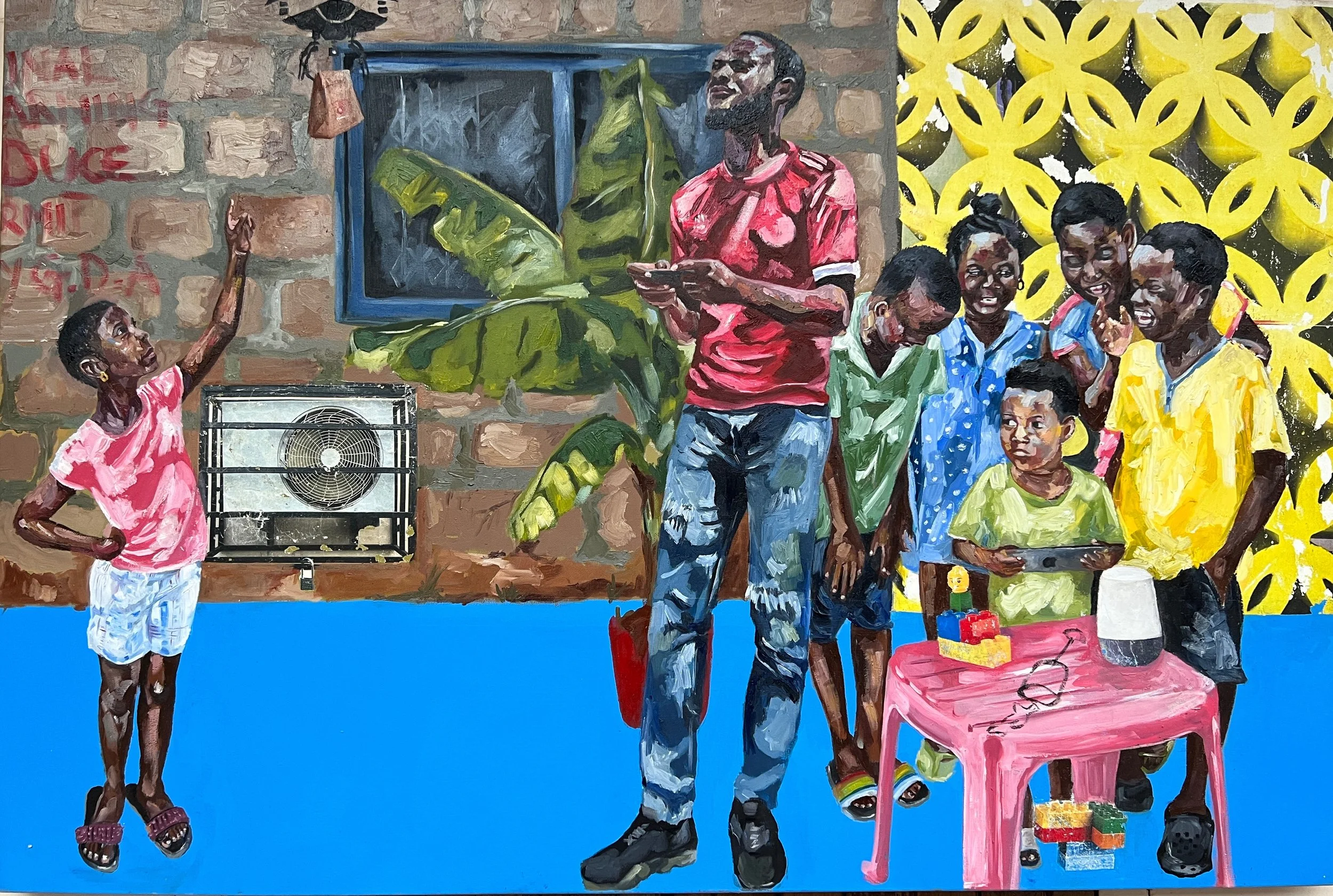 Drone cloud lovers 2, 2022.
Oils, acrylic and image transfer on canvas.
70.87 x 31.50 inches.