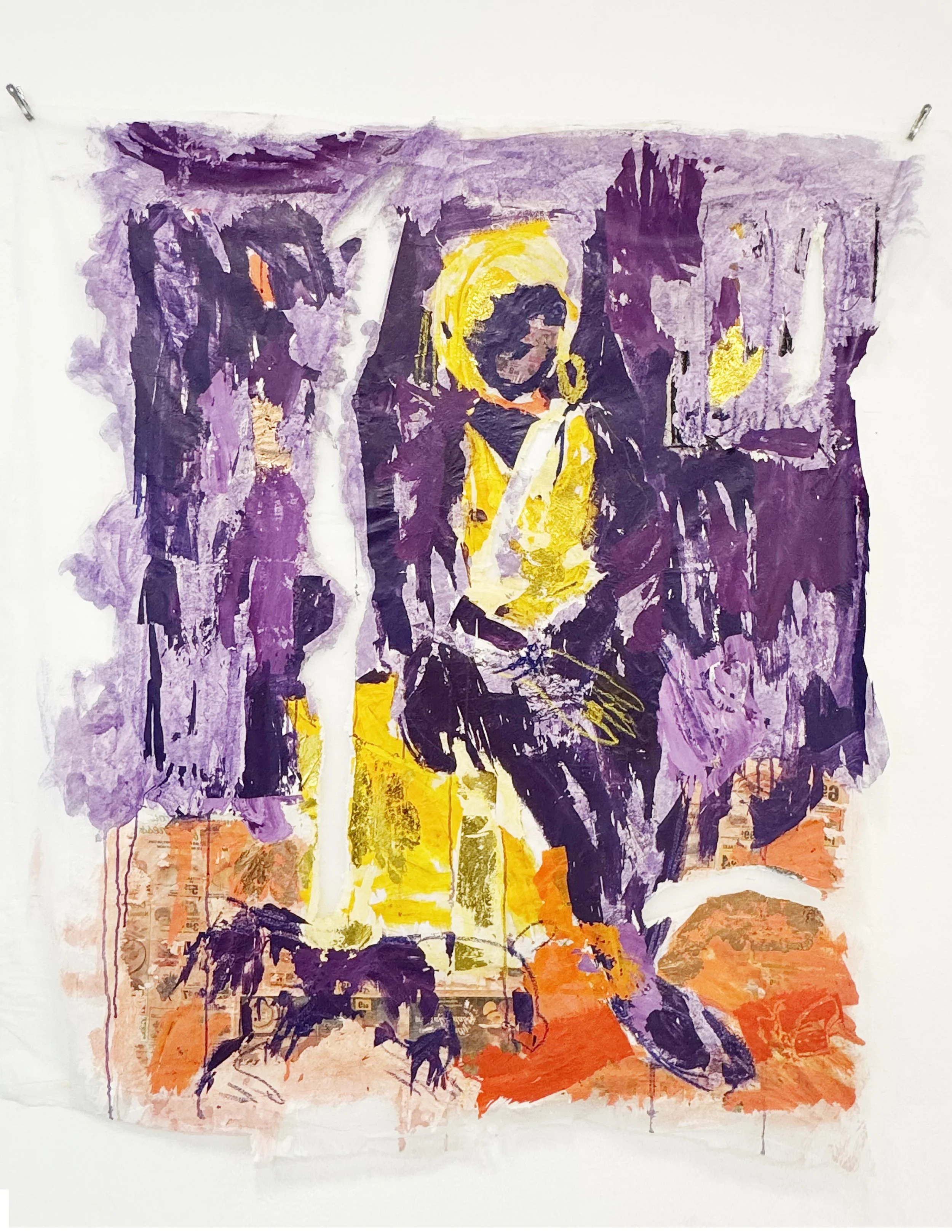 Hot yellow sissy. 2024.
Acrylic, Image and heat transfer on frost fabric.
55x47 inches.