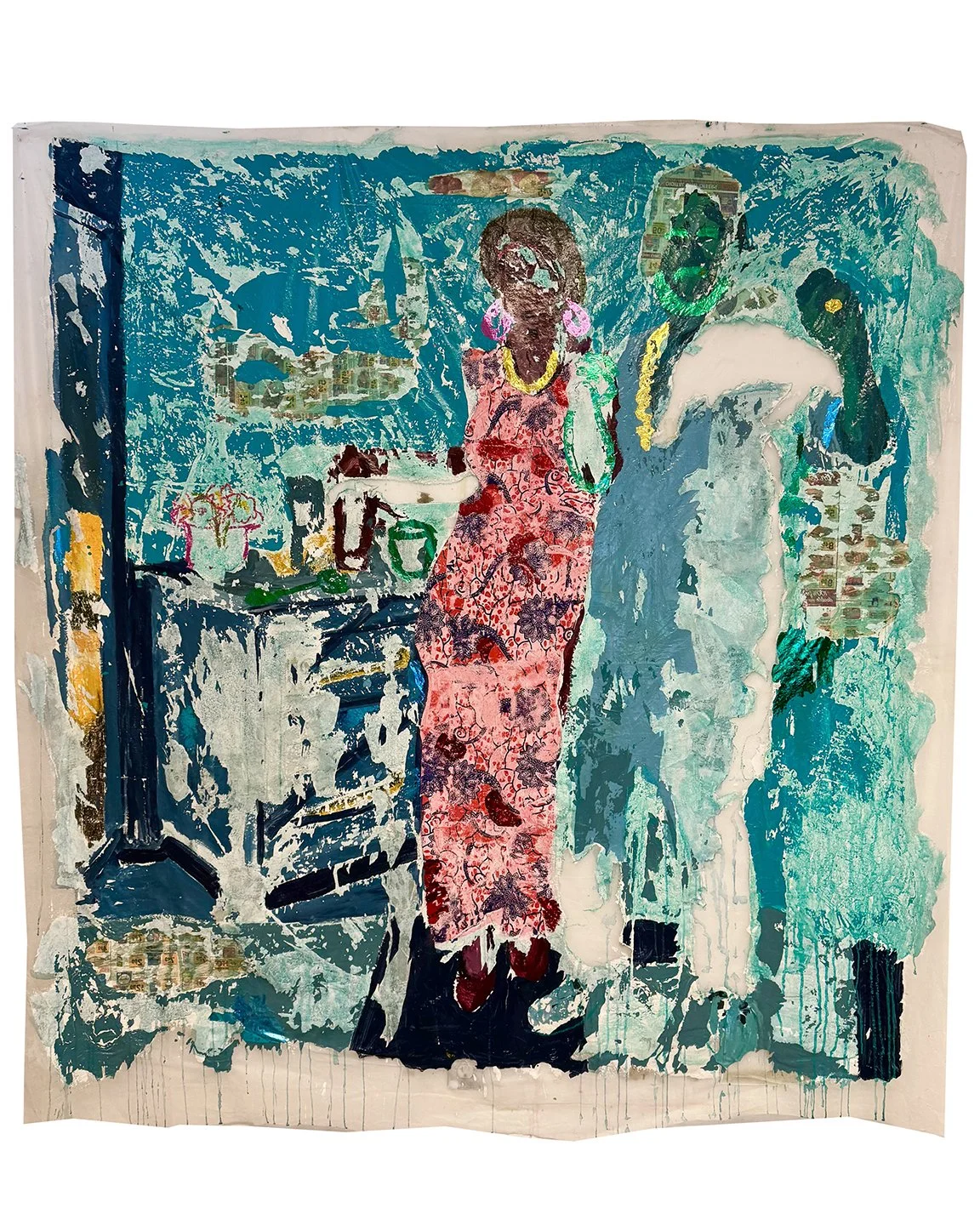 Dancing with a loved one. 2025.
Acrylic, image transfer and heat transfer on frost sheet.
58x70 inches.