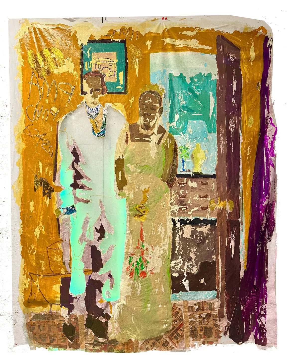 My best half, 2025.
Acrylic, heat transfer and image transfer on frost fabric.
53X64 inches.