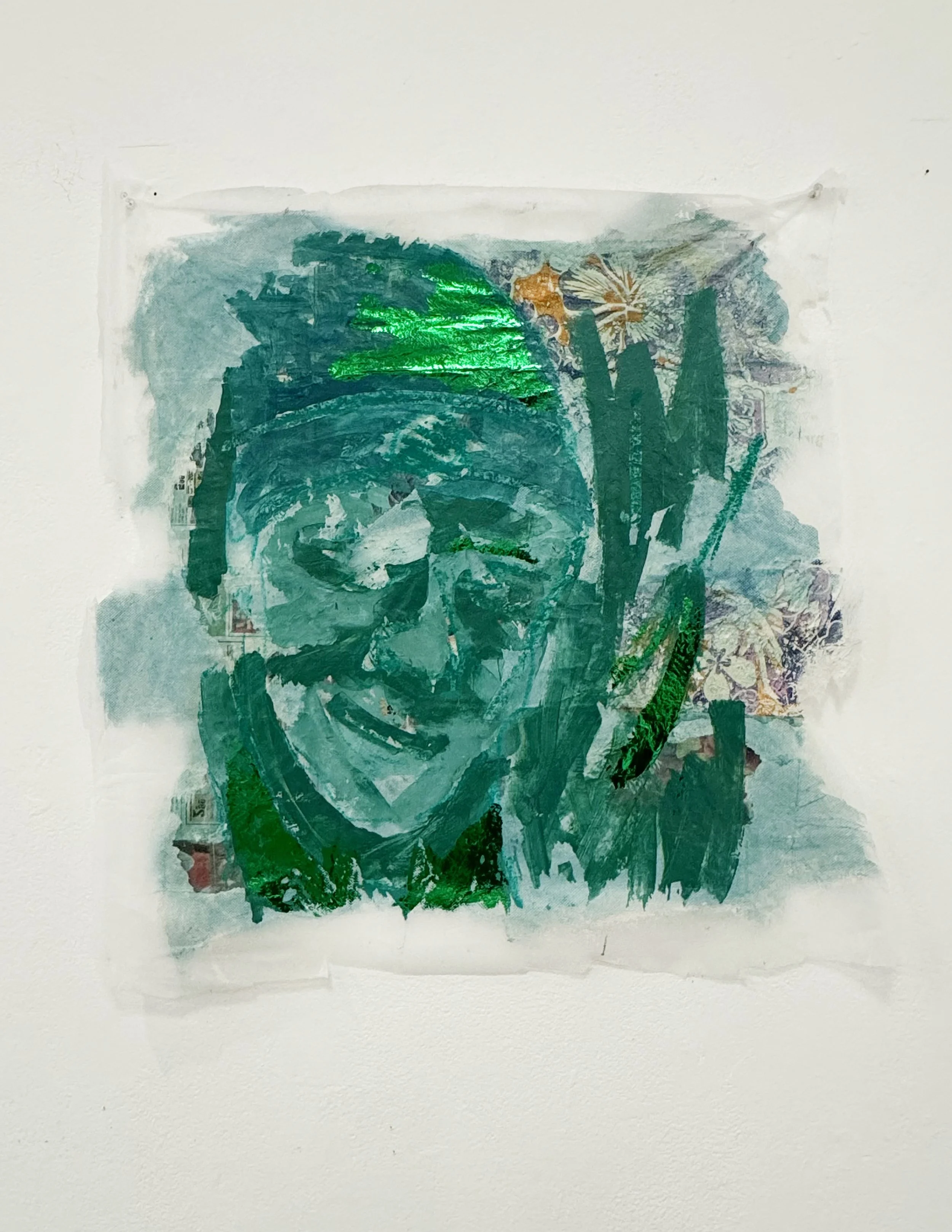 I am so green. 2024.
Acrylic, Image and heat transfer on frost fabric
24x20 inches.