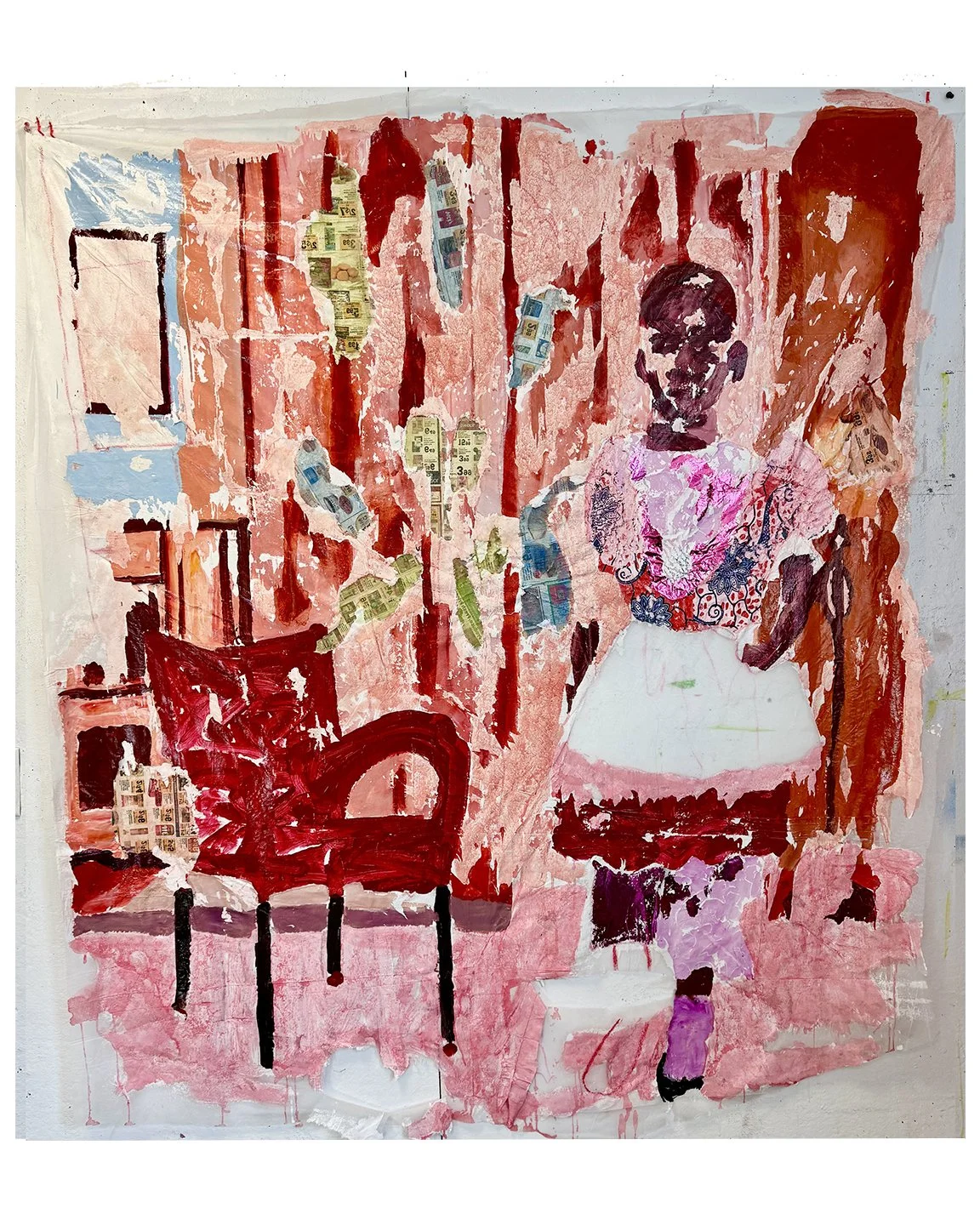 Flower Girl. 2025.
Acrylic, image transfer and heat transfer on frost sheet.
55x63 inches.
