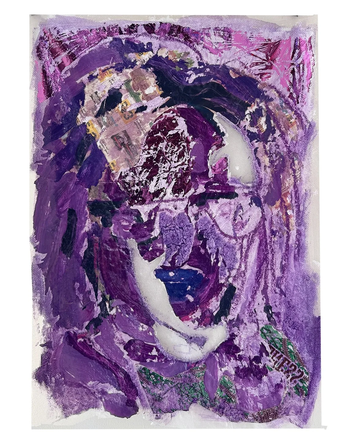 Purple woman 2025.
Acrylic, Image transfer and heat transfer on frost fabric.
16 x 20 inches.