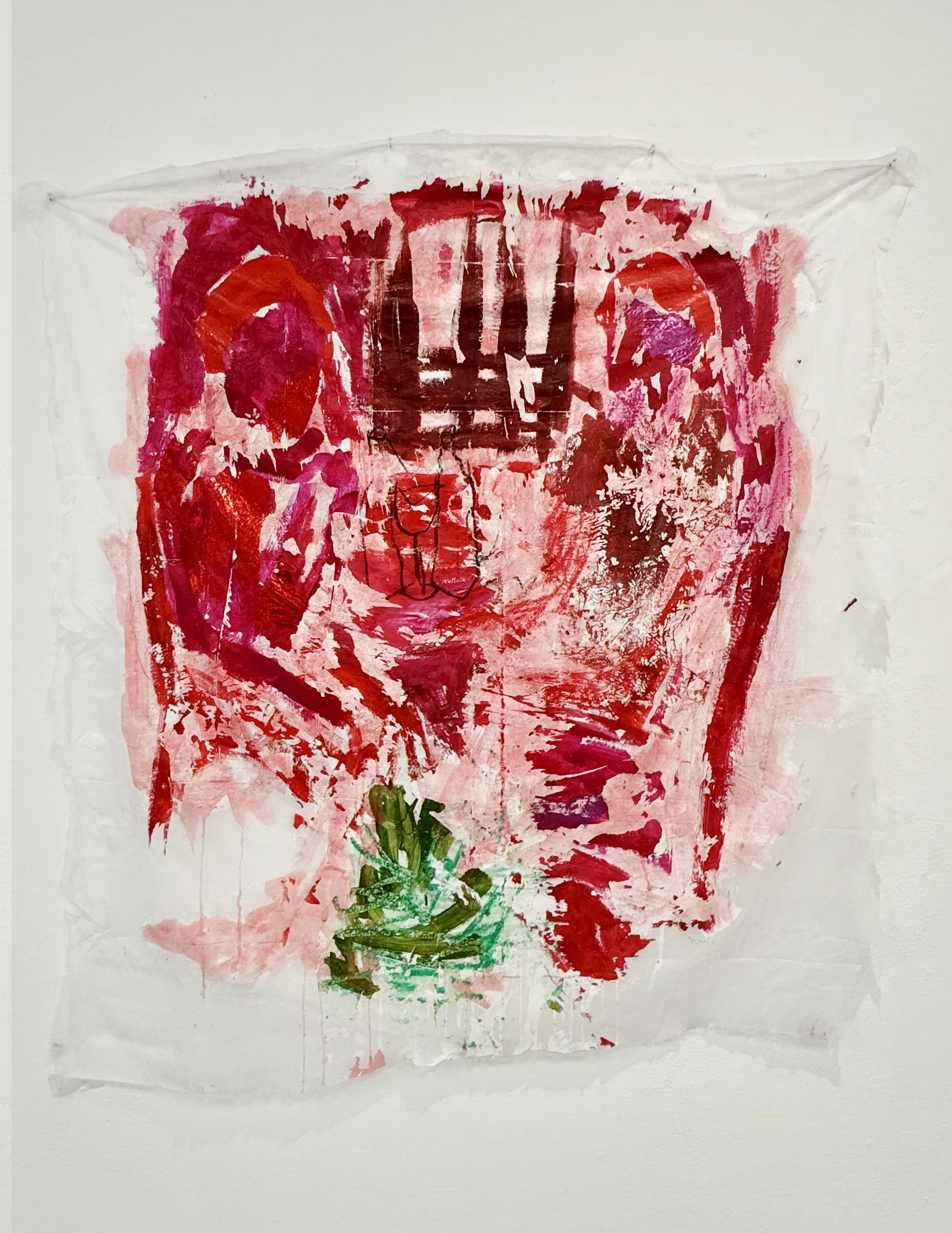 Secret lovers. 2024.
Acrylic, oil pastel and heat transfer on frost sheet.
39x47 inches.