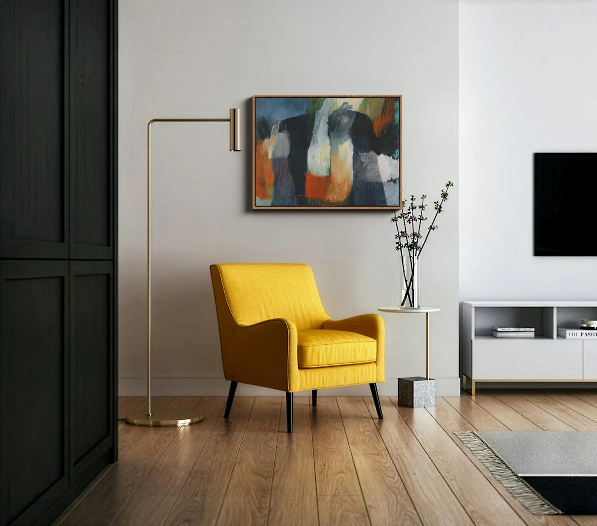 Interior of a modern living room with a yellow armchair, a white side table with a flower vase, abstract artwork on the wall, and a black cabinet. Wooden floor and radiator vent visible.