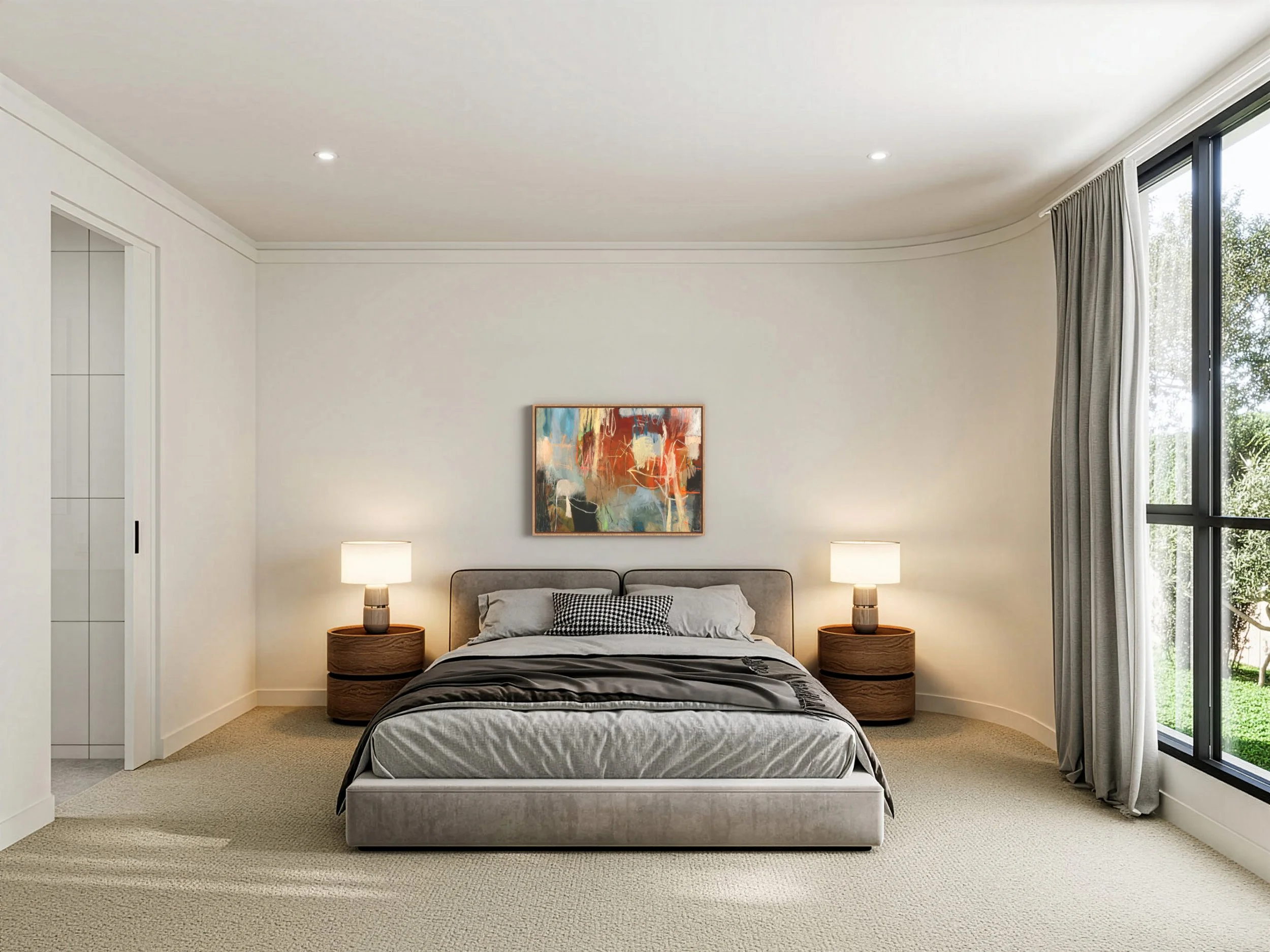 Modern bedroom with a bed, two wooden nightstands with lamps, a colorful abstract painting, large window with curtains.