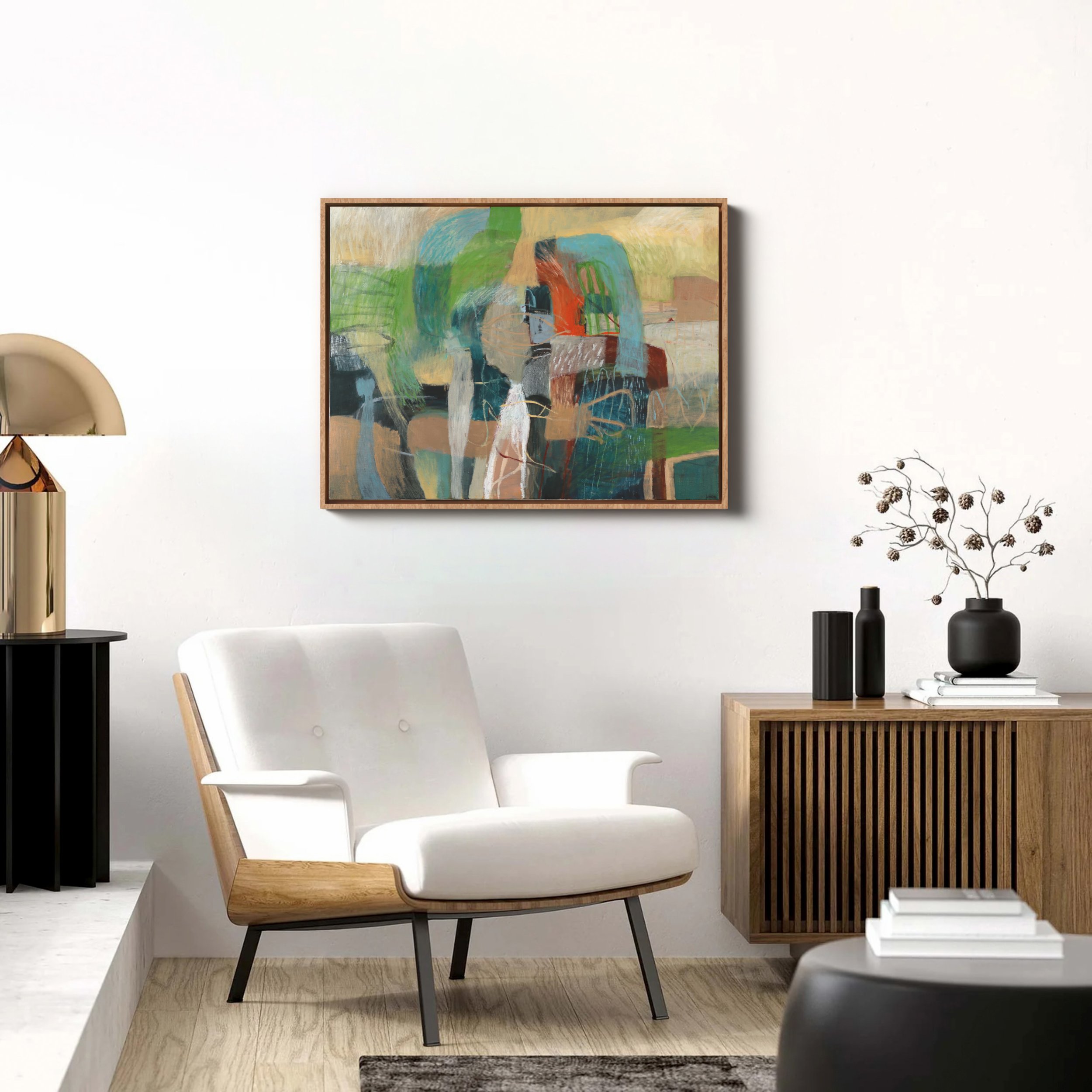 Living room interior with a colorful abstract painting on the wall, a white and wooden lounge chair, a black side table, and decorative black vases on a wooden sideboard.