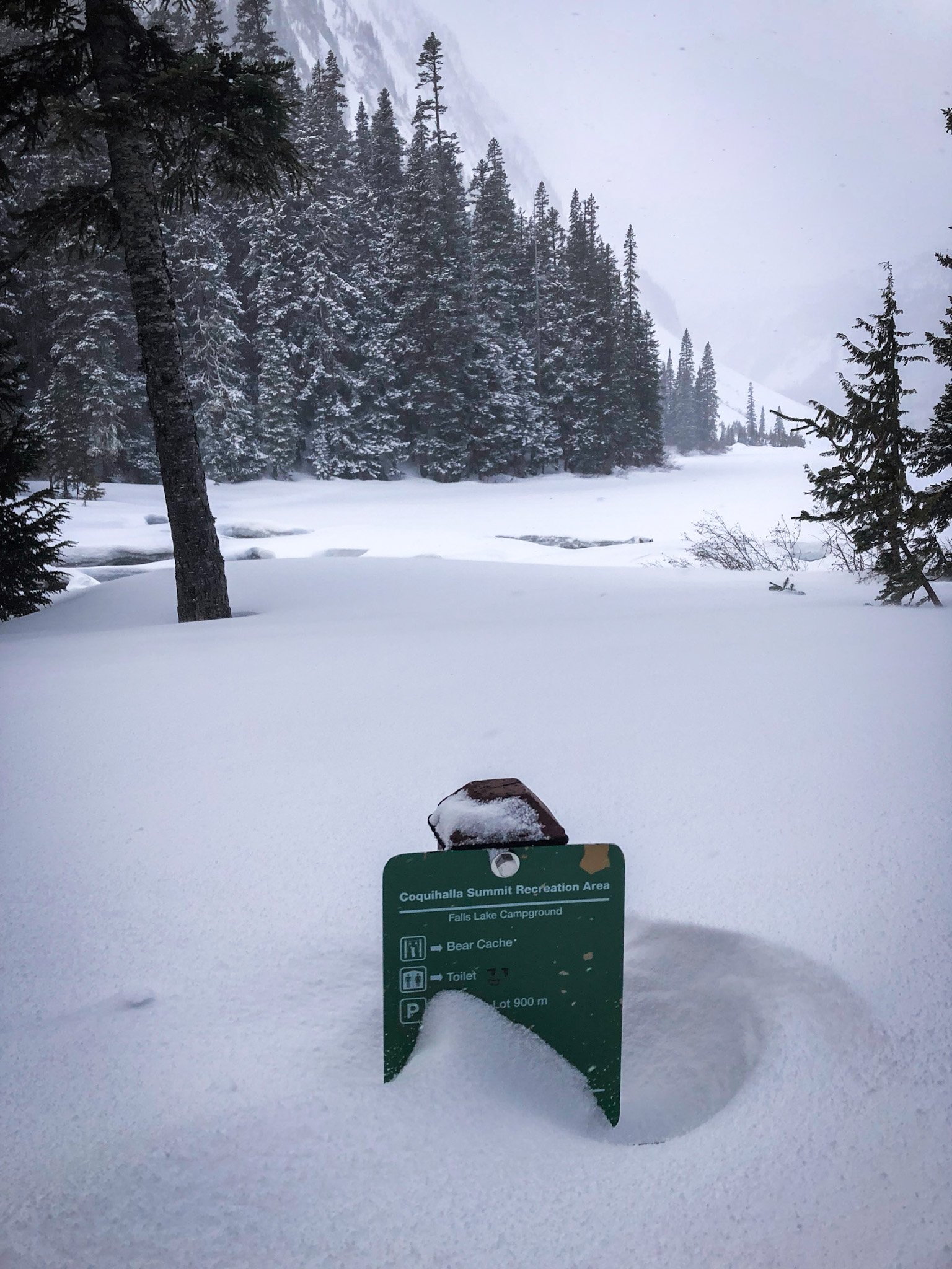 Snow-covered sign in Coquihalla Summit Recreation Area indicating Falls Lake Campground with bear cache, toilet, and parking lot 900 meters away, surrounded by snow and pine trees.