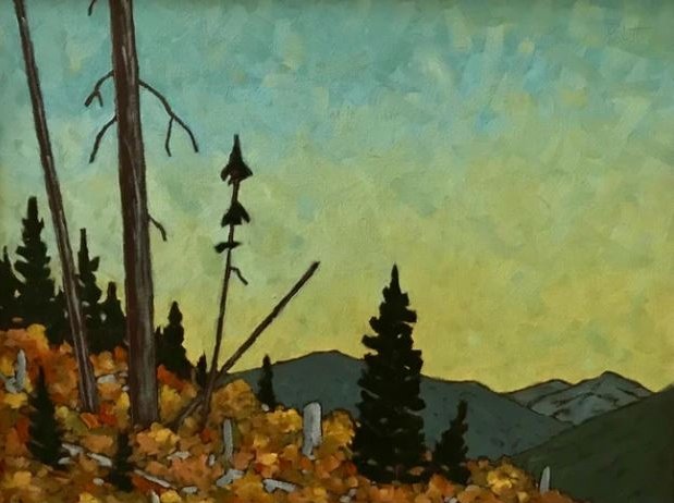 A Cariboo landscape painting by Peter Corbett of a mountain cutblock with tall trees, some with leafless branches, and a colorful foreground with rocks and plants, under a sky with shades of green and blue.