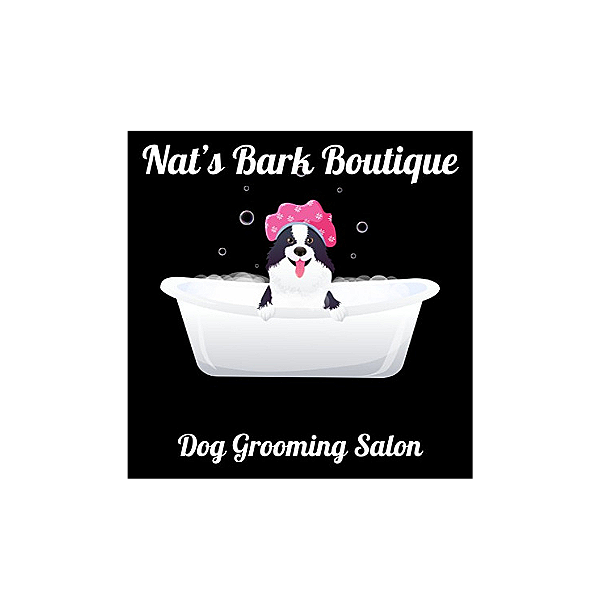 Picture Of Nat's Bark Boutique Company Logo with White Colored Serif Font And dog in a bathtub