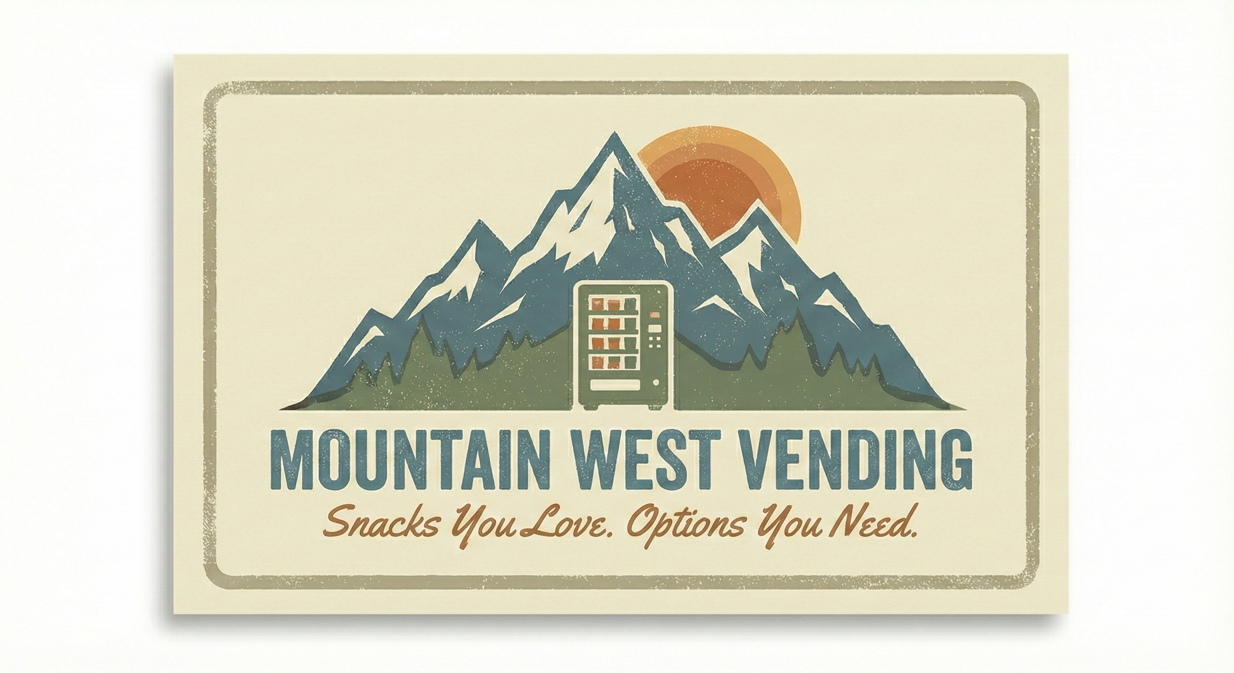 Logo for Mountain West Vending featuring a mountain range with snow-capped peaks, a rising sun, and a vending machine in the center. Text below reads "Mountain West Vending" with the slogan "Snacks You Love. Options You Need."