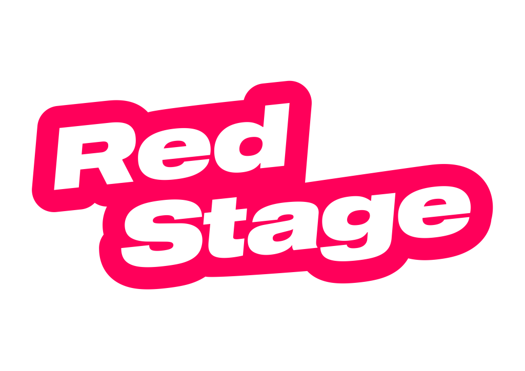 Logo with pink and white text that reads "Red Stage" on a black background.