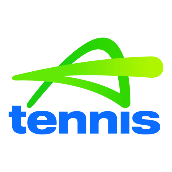A stylized green tennis racket above the blue word "tennis" on a white background.