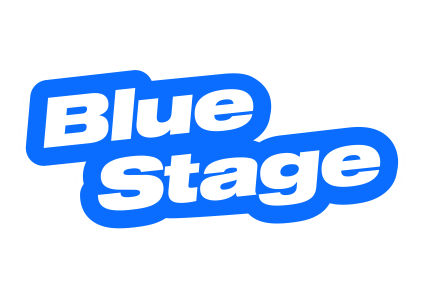 Blue Stage logo with white text on a black background.