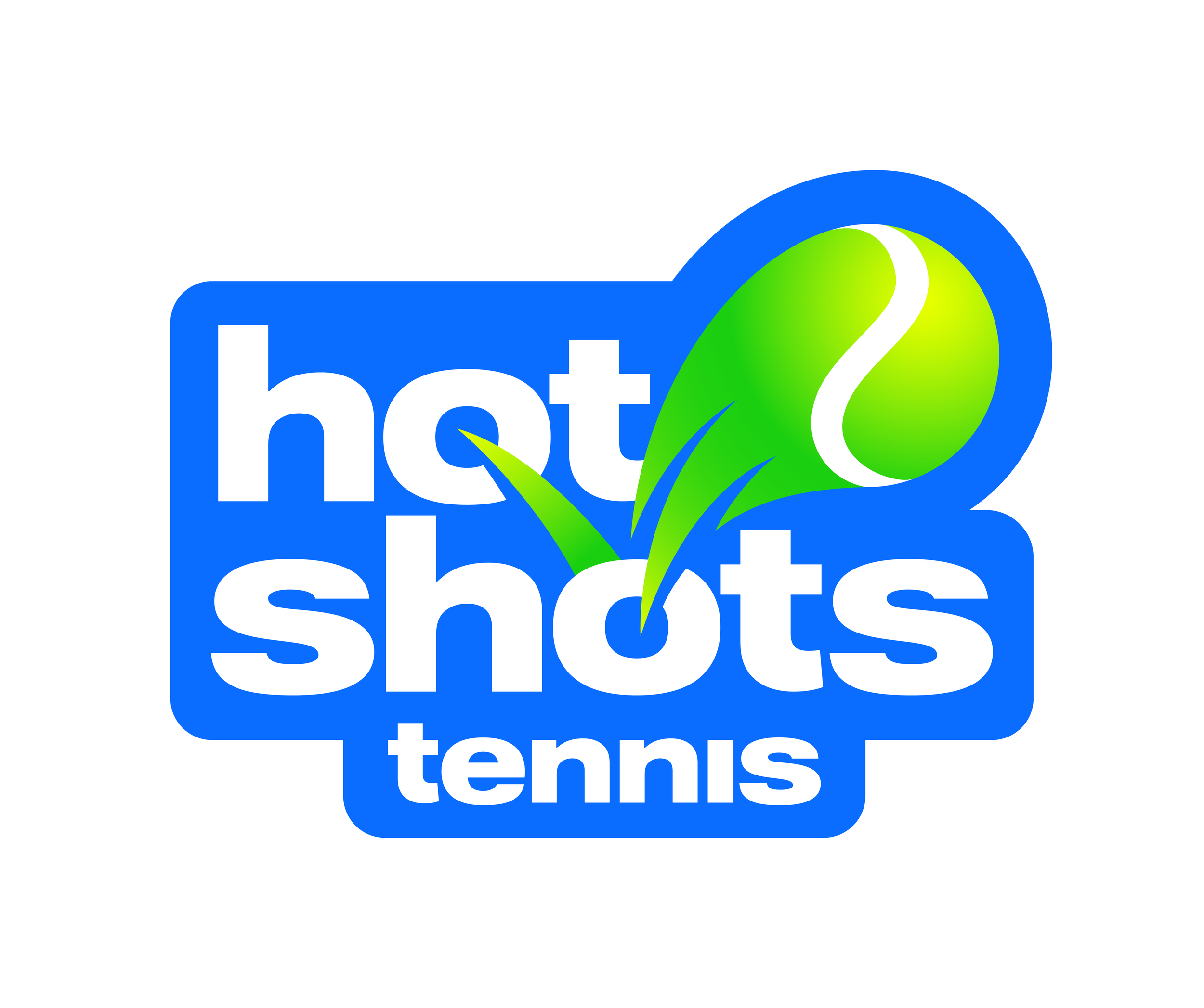 Logo for hotshots tennis featuring a green tennis ball and stylized text on a blue background.