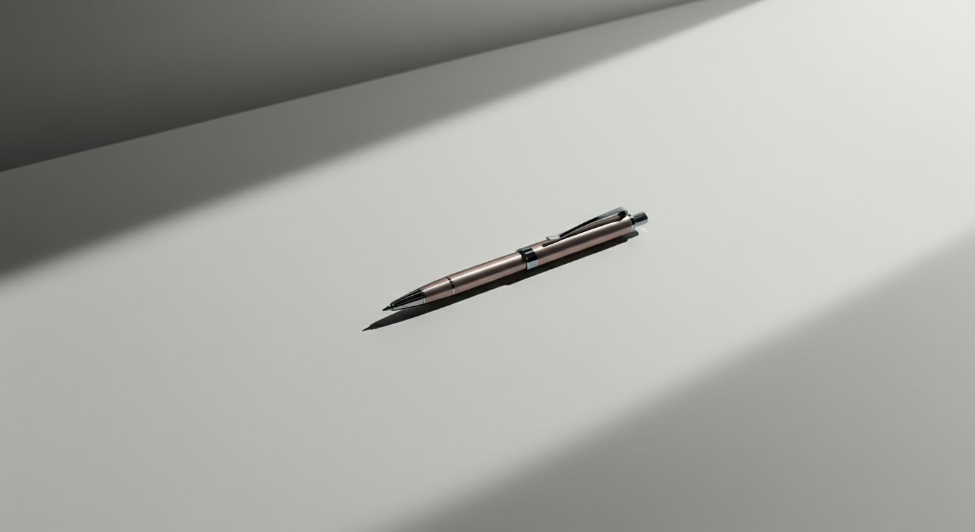 Stylo stylé posé sur une surface blanche à la lumière naturelle, avec ombres de lumière qui créent un contraste doux.