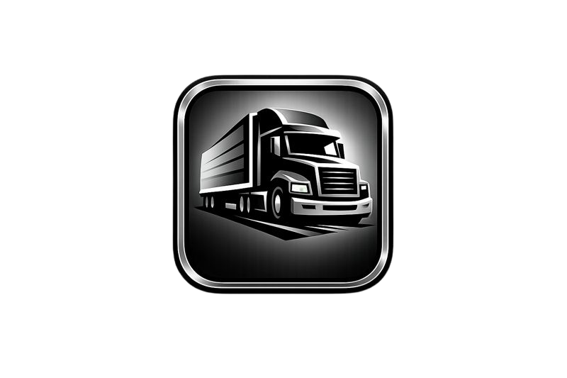 A black and silver icon of a semi-truck on a dark background.