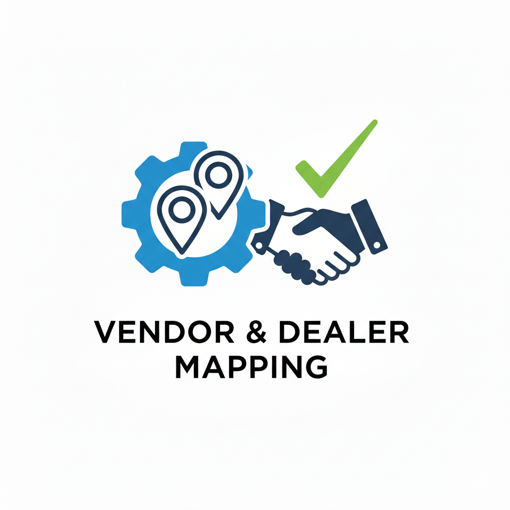 Illustration of two hands shaking, a gear with location markers, and a green check mark, with the text 'Vendor & Dealer Mapping'.
