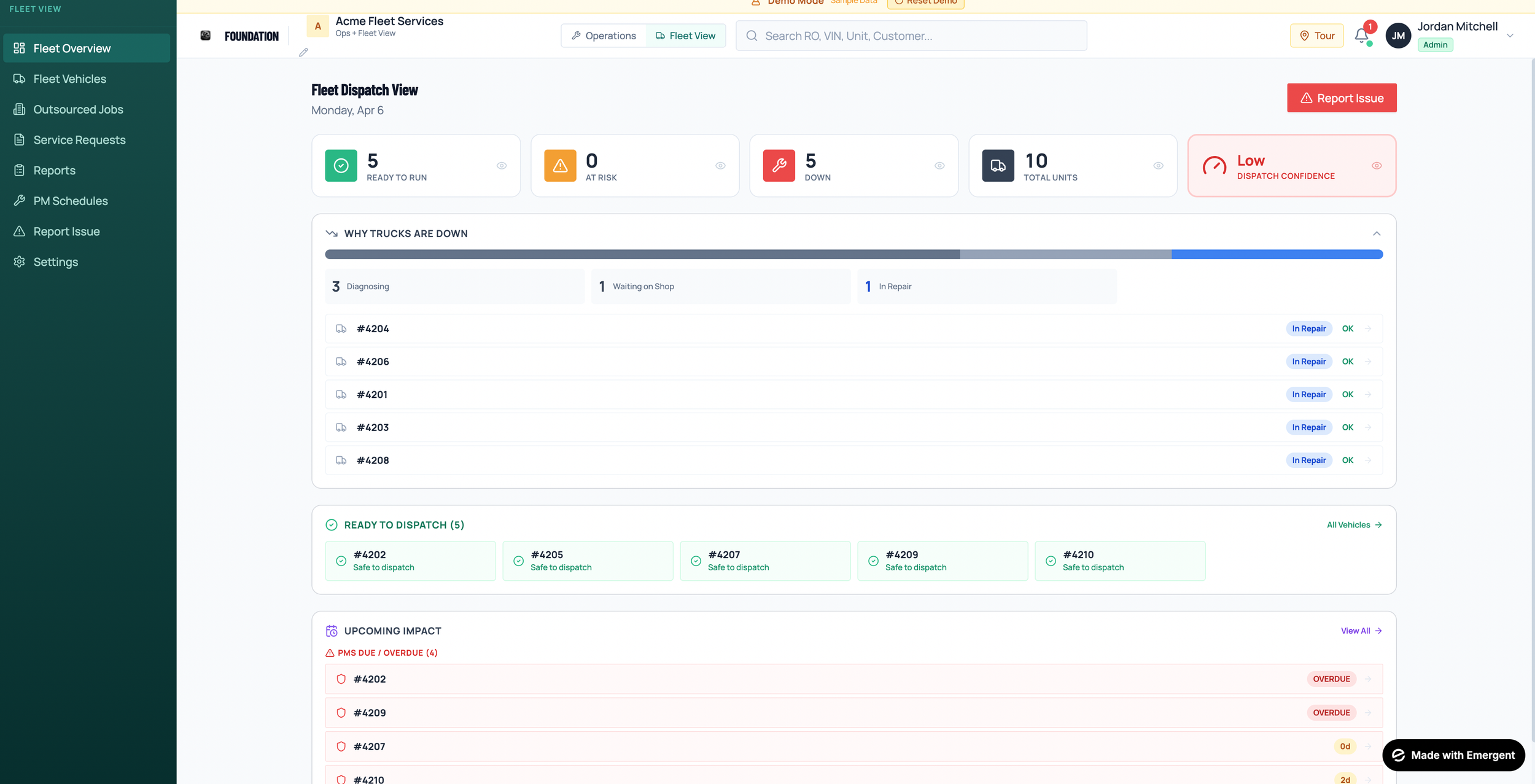 Screenshot of a fleet management software dashboard displaying fleet dispatch view, vehicle statuses, and repair information.