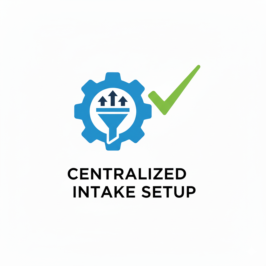 Centerized intake setup icon with gear and funnel, green checkmark, and text.
