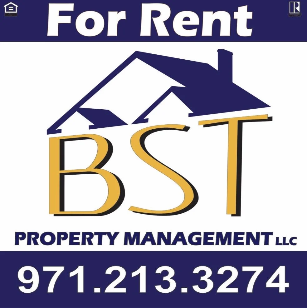 A sign for a property rental managed by BST Property Management LLC, including a house illustration and contact phone number 971.213.3274.