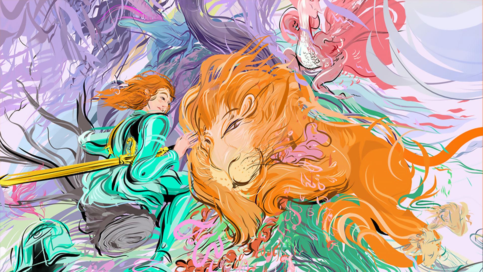 A colorful digital illustration depicting a young woman with long, flowing orange hair lying next to a large, majestic lion with a vibrant orange mane. They are surrounded by swirling, abstract patterns in pastel shades of purple, pink, green, and blue, creating a dreamlike atmosphere.
