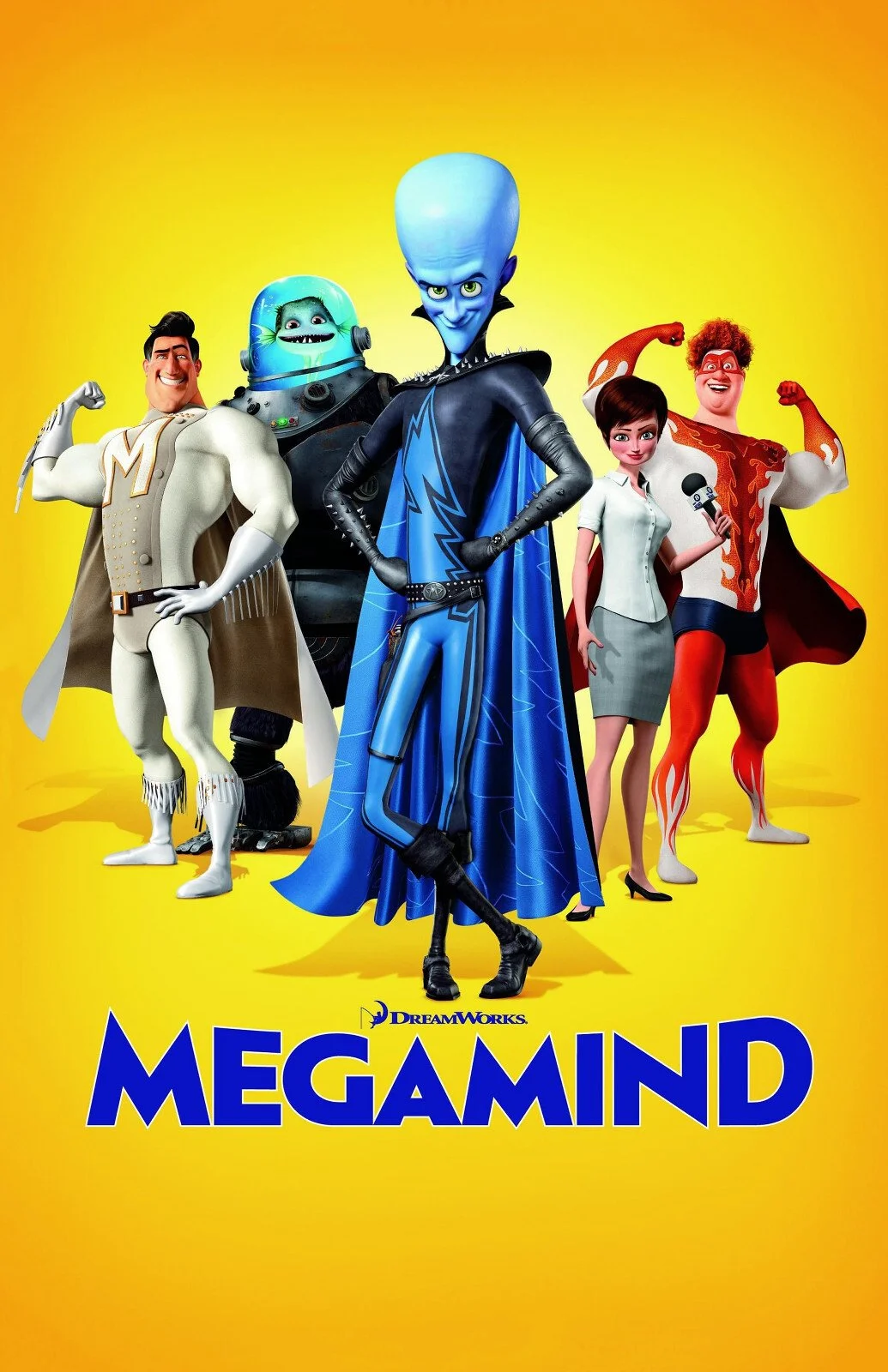 Animated characters from the movie Megamind standing together against a yellow background, with the movie title at the bottom. DreamWorks Animation.