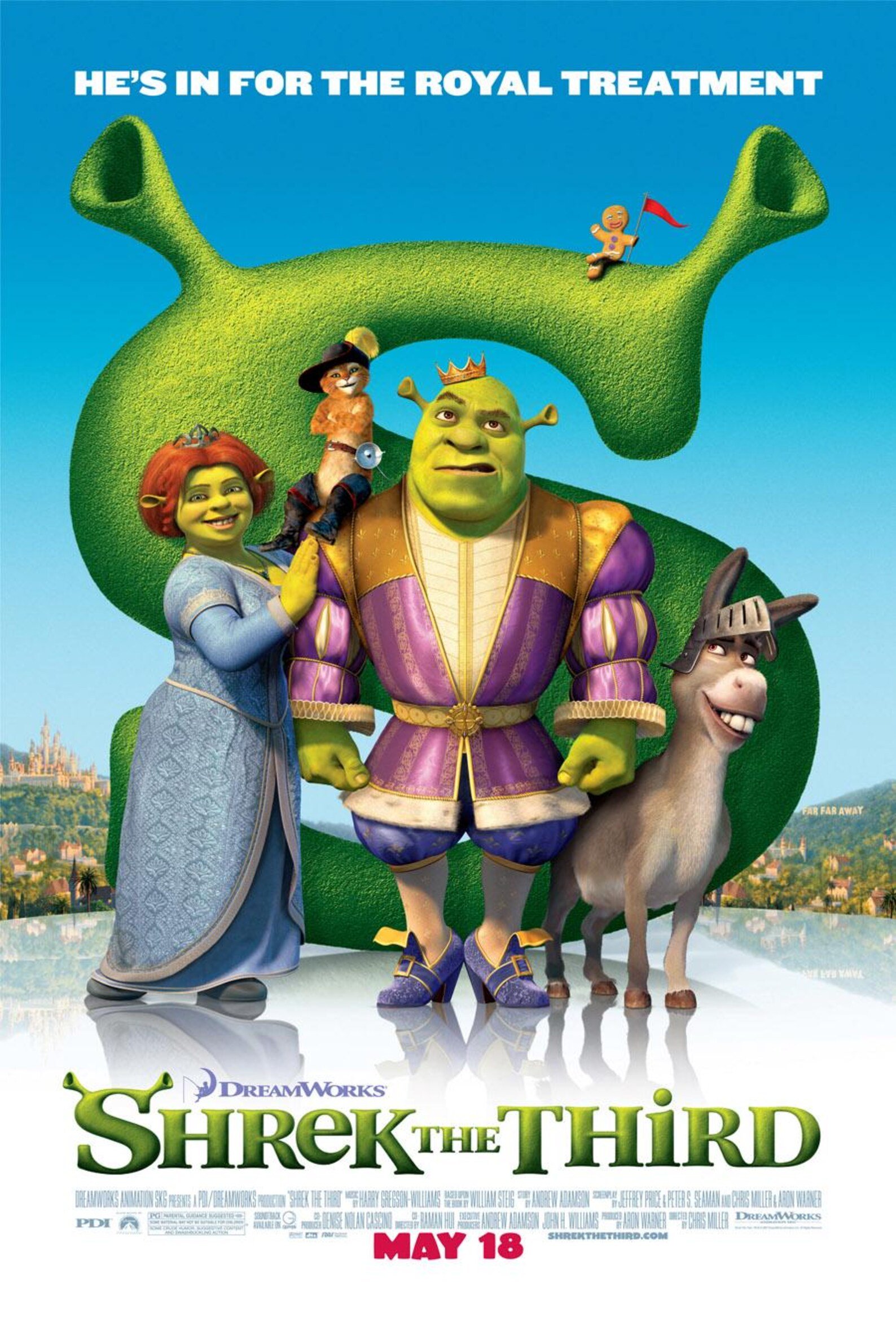 Poster for Shrek the Third featuring Shrek, Fiona, Donkey, and Puss in Boots with a castle and city skyline in the background. Text reads "He's in for the royal treatment." Release date: May 18. DreamWorks Animation.