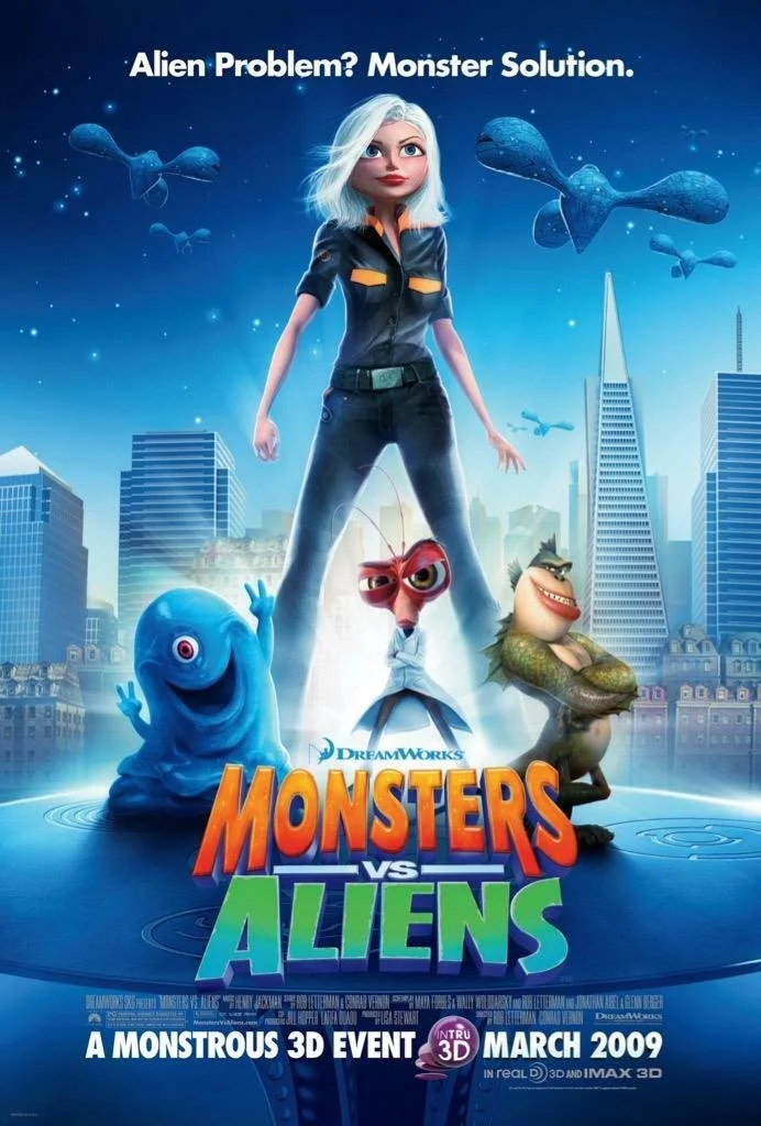Movie poster for Monsters vs. Aliens, showing animated characters and cityscape background. Title: Monsters vs. Aliens, with tagline 'Alien Problem? Monster Solution.' DreamWorks Animation.