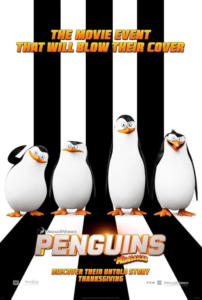 Poster for 'Penguins of Madagascar' movie featuring four animated penguins standing on a black and white striped background resembling a piano keyboard. DreamWorks Animation.